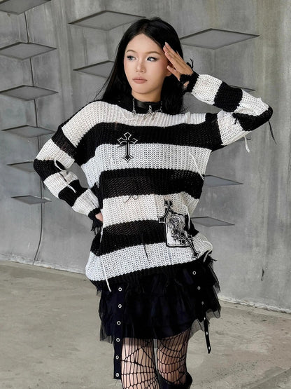 Punk Cross Applique Black and White Striped Distressed Sweater