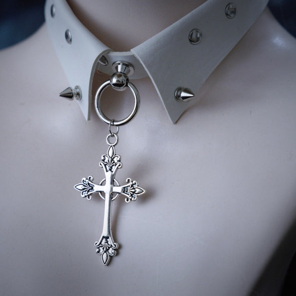 Y2K Studs White Gothic PU Cross Choker