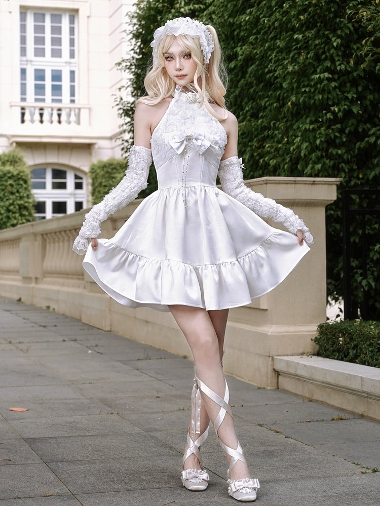 White Halter Neck Fairy Dress Structured Flowers Bodice