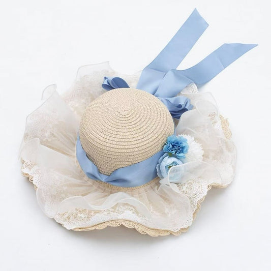 Blue Flowers and Bowknot Decorated Straw Hat