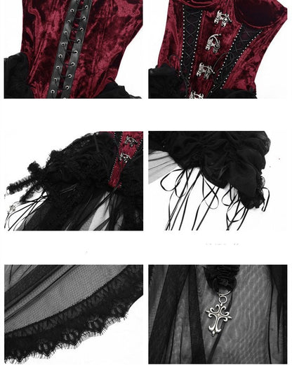 Gothic Vampire Black and Wine Red Birdcage Skirt and Bustier Corset Set