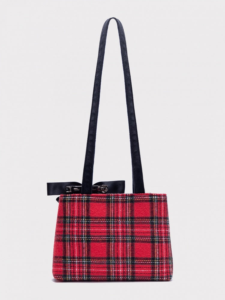 Chic Red Plaid One-Shoulder Mini Tote With Detachable Black Bow