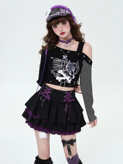 Lace-up Details at Waist Y2K Black and Purple Tiered Skirt