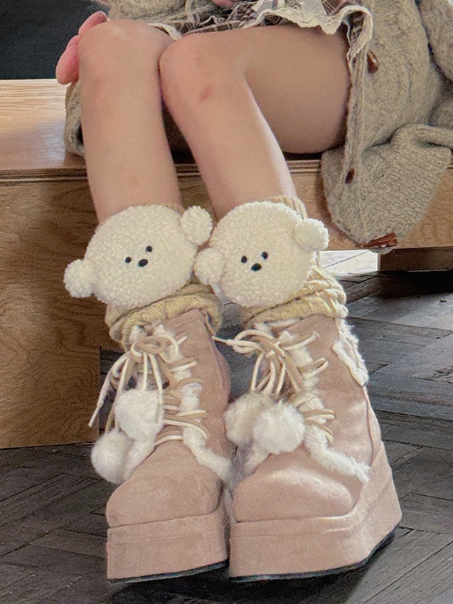 White/Khaki/Light Grey/Coffee Knitted Leg Warmers With Puppy Plushie