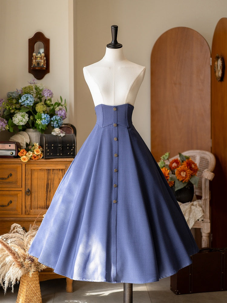 Indigo Blue Corset Belt High Waist Retro Midi Skirt with Button Accents