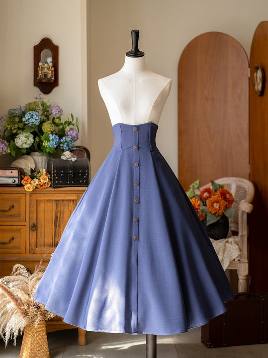 Indigo Blue Corset Belt High Waist Retro Midi Skirt with Button Accents
