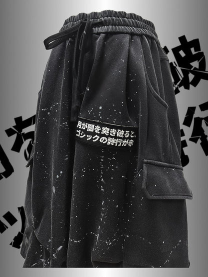 Black Asymmetrical Print Design Wasteland Punk Wide-Leg Cargo Pants