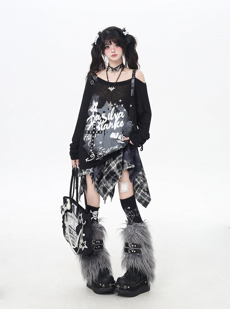 Asymmetrical Neckline Graffiti Print Star Buckles Light Gray/Black Coverup