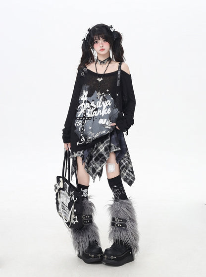 Asymmetrical Neckline Graffiti Print Star Buckles Light Gray/Black Coverup