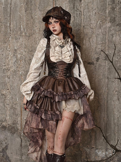 Brown Western Style Steampunk Asymmetrical PU Overall Dress with Detachable Train