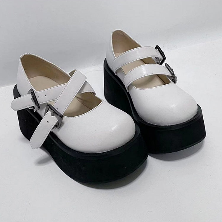 White Mary Janes - Double Buckle Design & Black Platform Sole
