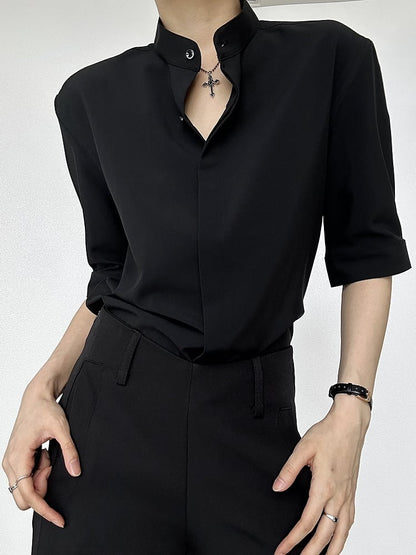 Ouji Lolita Black Unisex Short Sleeve Shirt with Straight Cut & Button-Down Front