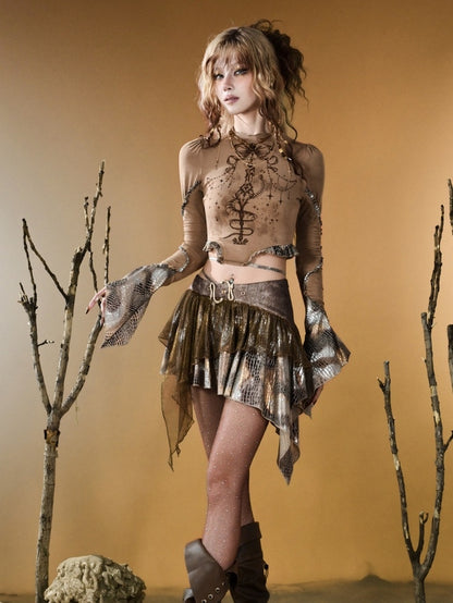 Brown Y2K Snakeskin Design Asymmetrical Hem Skirt
