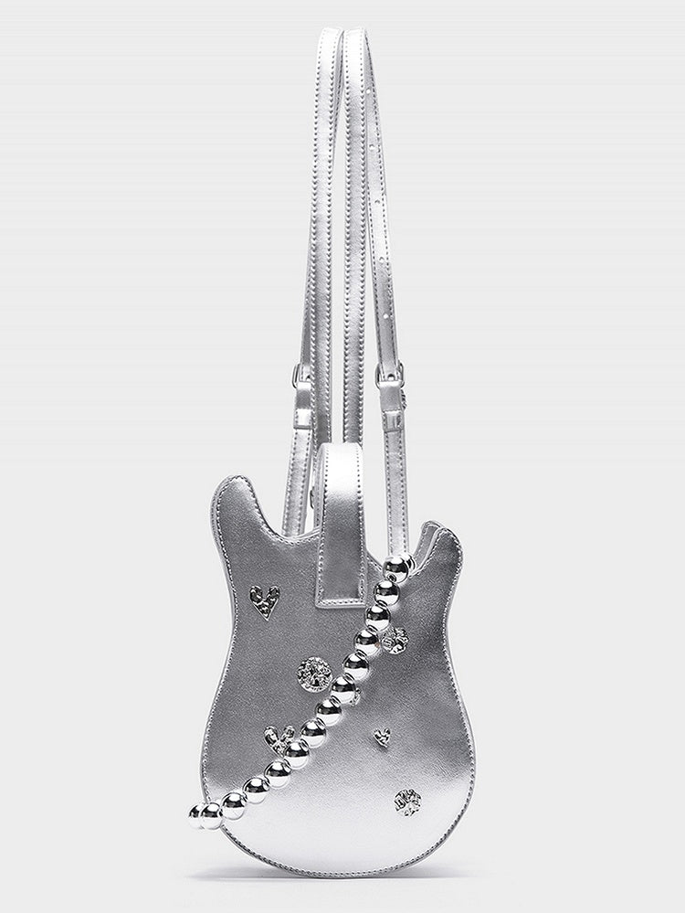 Silver Beaded Chain Guitar-shaped Bag
