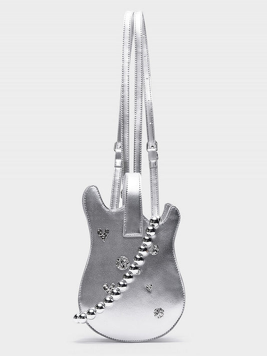 Silver Beaded Chain Guitar-shaped Bag