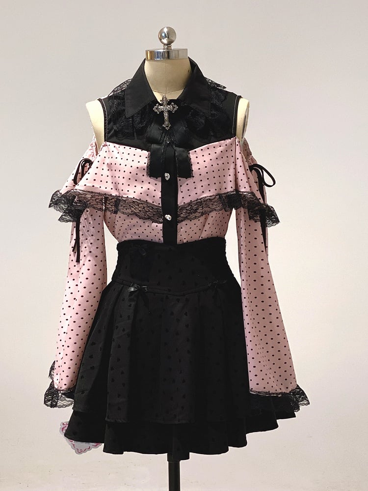 Dark Sweetness Tiered Skirt: Jirai Kei High Waist with Heart Polka Dot Pattern