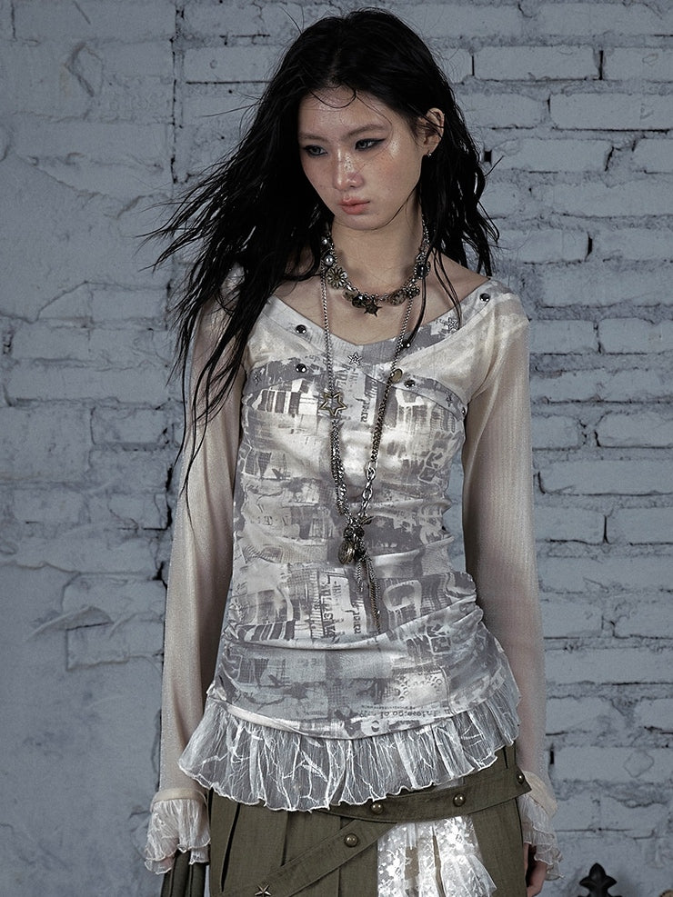 Black&Gray/Beige Wasteland Punk Star And Studs Decorated Lace Trim T-shirt