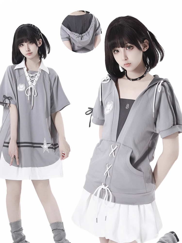 Grey Lace-up Detail Hooded T-Shirt Faux Two-pieces