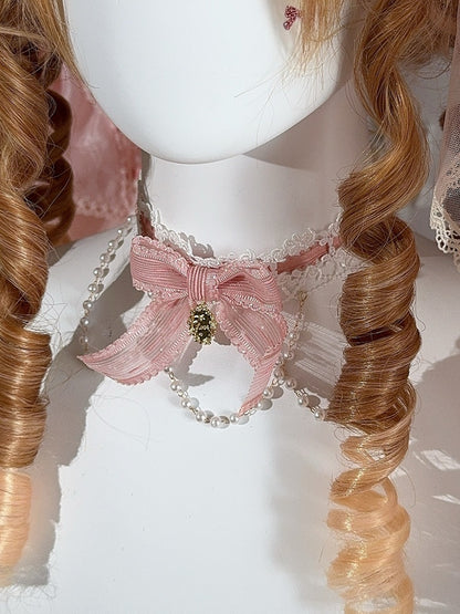 White&Pink/Black&Pink Beaded Charm Bowknot Choker