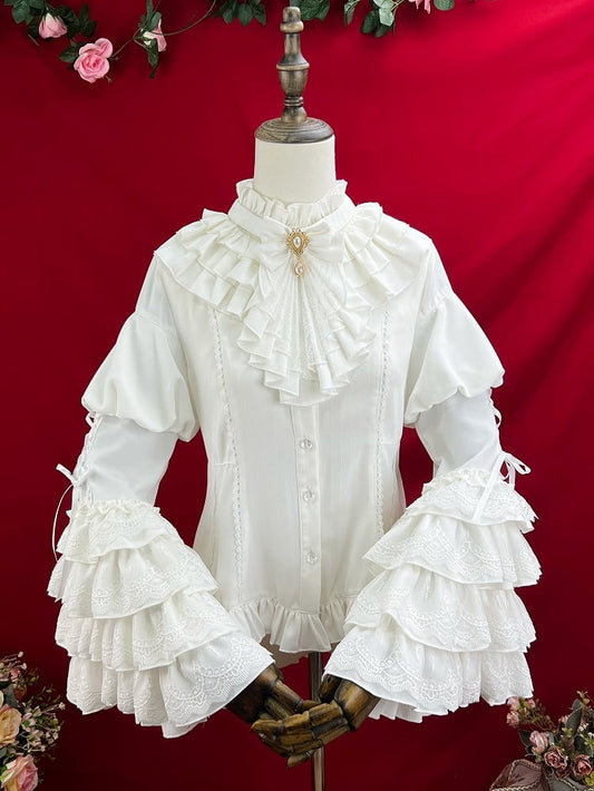 White Layered Bell Sleeves Shiro Gothic Lolita Shirt with Jabot Tie