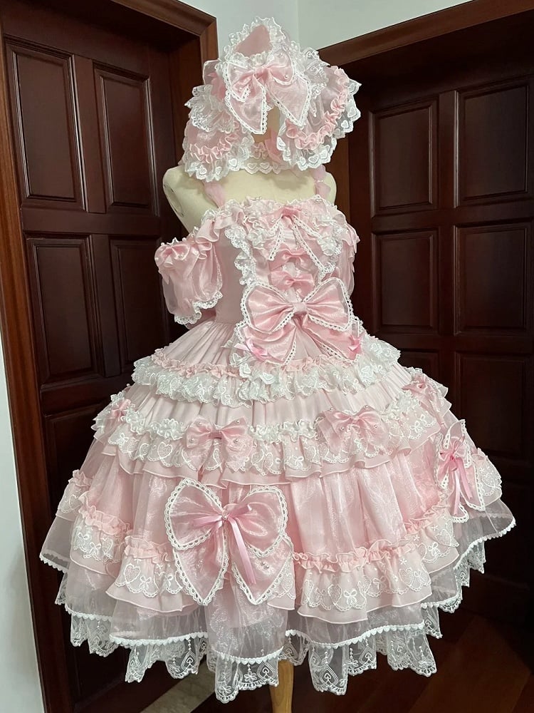 Sweet Pink Bow Accents and Bead Details Princess Lolita Dress with Big Bow at Back