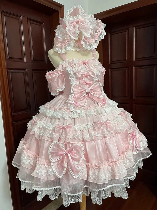 Sweet Pink Bow Accents and Bead Details Princess Lolita Dress with Big Bow at Back