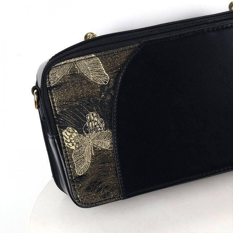 Black Embroidered Bamboo Leaf Cheongsam Style Ita Shoulder Bag with Fringe Charm