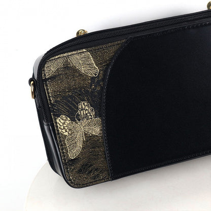 Black Embroidered Bamboo Leaf Cheongsam Style Ita Shoulder Bag with Fringe Charm