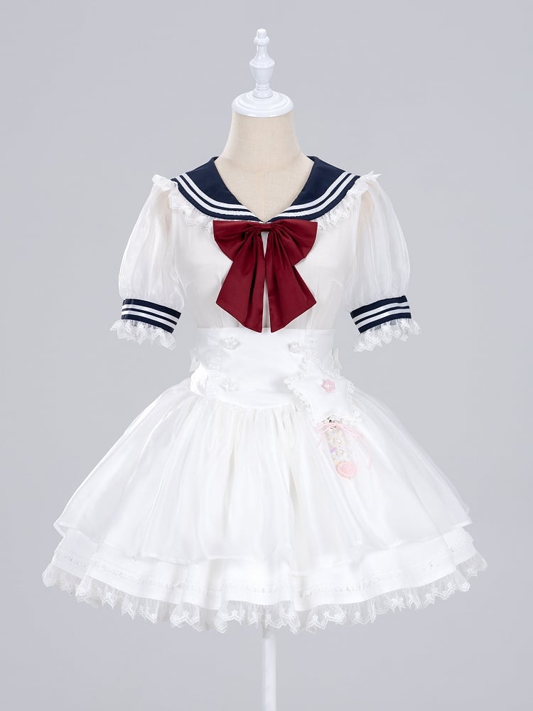 White Star Buttons High Waist Jirai Kei Skirt with Flutter Shoulder Straps