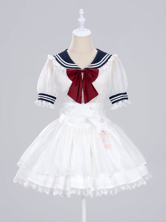 White Star Buttons High Waist Jirai Kei Skirt with Flutter Shoulder Straps