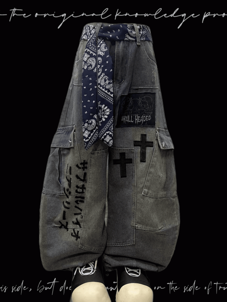 Blue Cross Applique Wasteland Punk Distressed Wide-leg Cargo Jeans