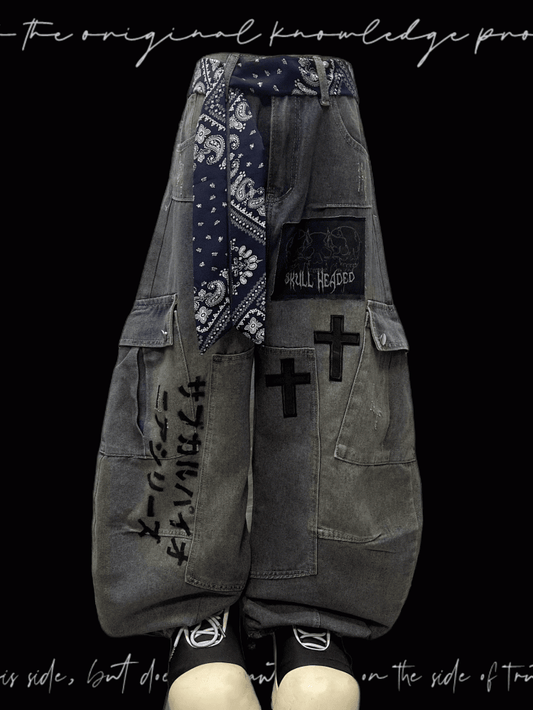Blue Cross Applique Wasteland Punk Distressed Wide-leg Cargo Jeans