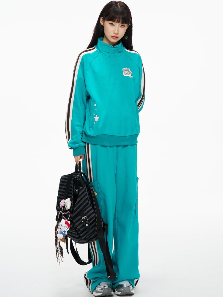 Blue High Neck Sporty Sweatshirt with Side Stripes