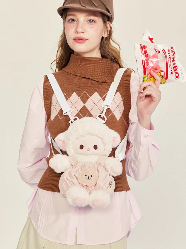 White&Pink Cute Plush Lamb Backpack + Overall Pants Middle/Large Size