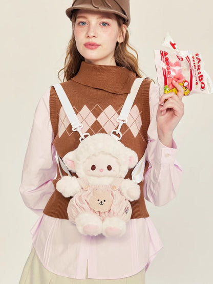 White&Pink Cute Plush Lamb Backpack + Overall Pants Middle/Large Size