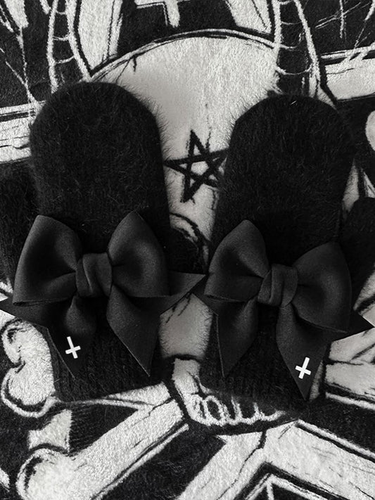 Black Gothic Bowknot Details Full-finger Gloves With White Cross Print