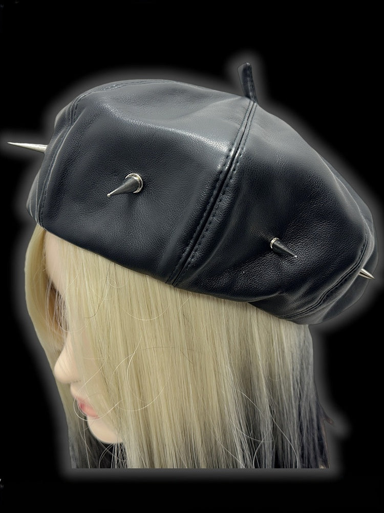 Punk Black Studs Design PU Beret