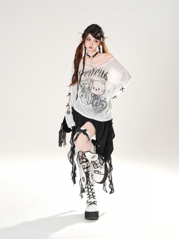 Black/White Asymmetrical Neckline Kitty Print Semi-sheer Coverup