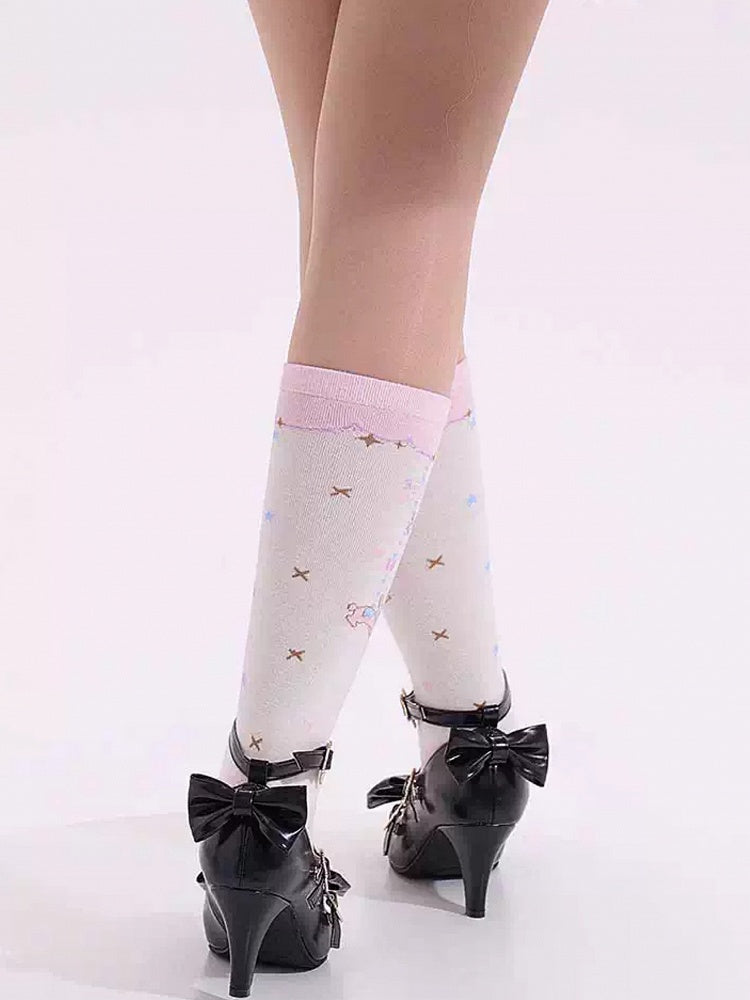 Black Bow at Top Star Buckle Straps High Heels