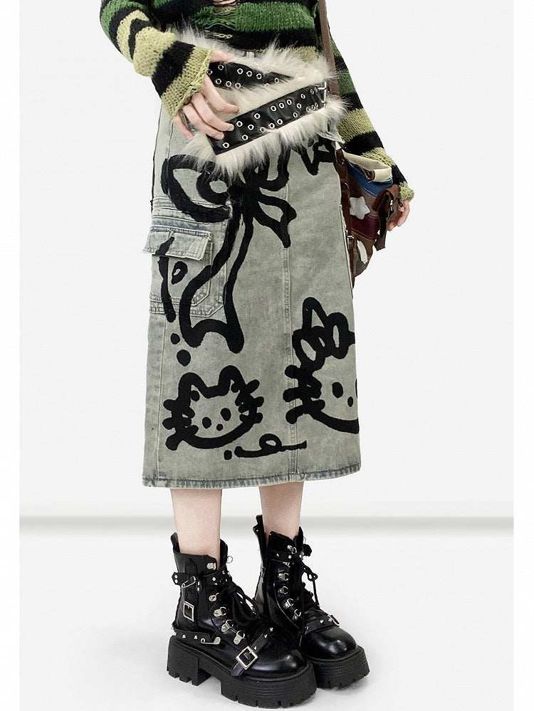 Blue Y2K Kitty And Bowknot Print Denim Skirt