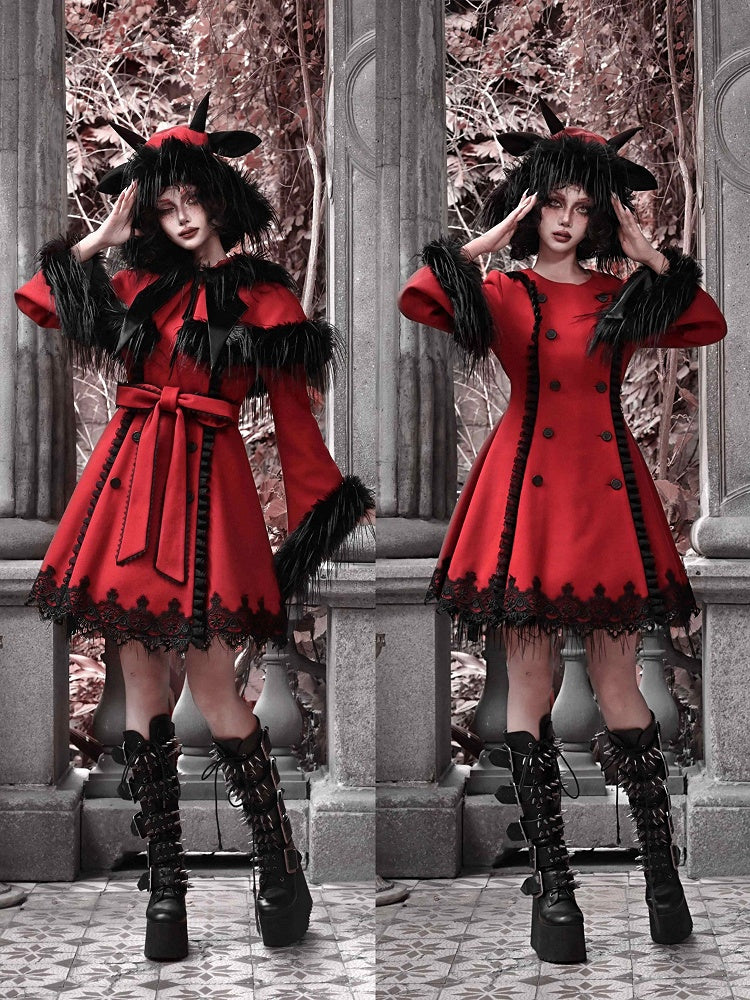 2025 New Year / Christmas New Outfit Detachable Cape Design Red Woolen Coat