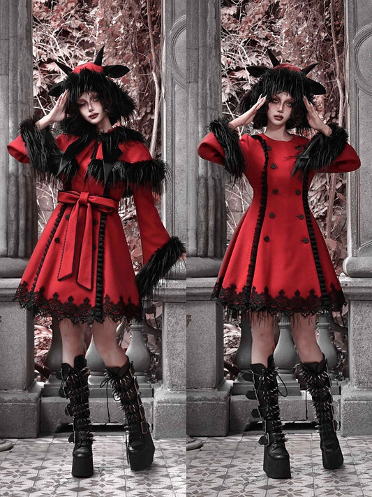 2025 New Year / Christmas New Outfit Detachable Cape Design Red Woolen Coat