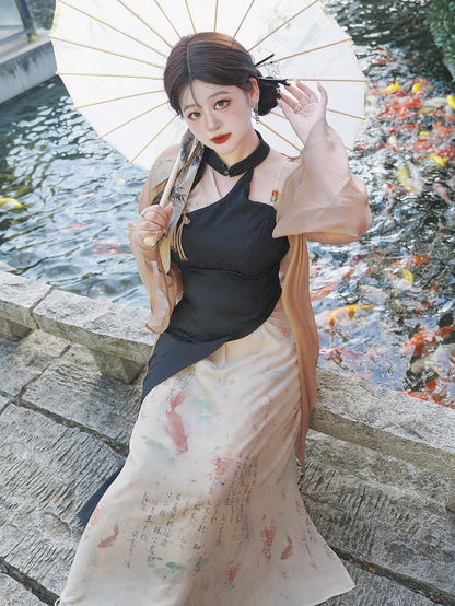 Plus Size Black and White Sleeveless Qipao Dress Side Slit