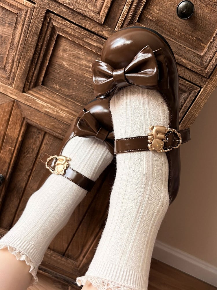 Brown Bow at Top Sweet Lolita Flats with Hugging Bear Heart Buckles