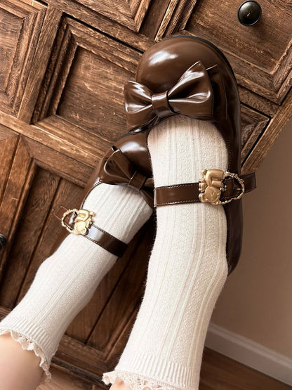 Brown Bow at Top Sweet Lolita Flats with Hugging Bear Heart Buckles