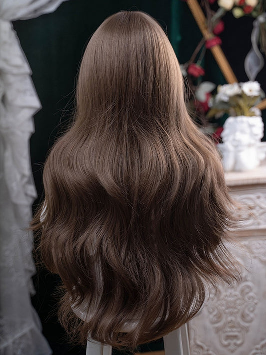 Brown 71CM Length Wavy Wig With Air Bangs