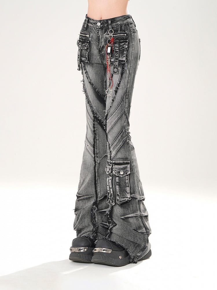 Black Faded Wash Cargo Pockets Raw Hem Distressed Flared Jeans