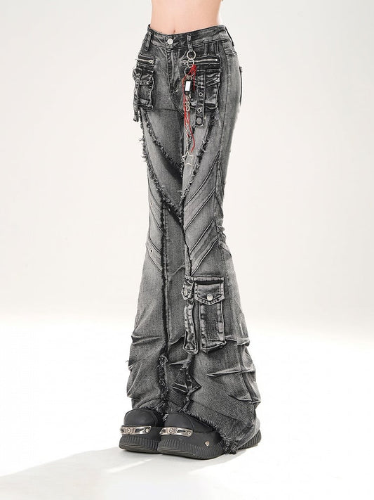 Black Faded Wash Cargo Pockets Raw Hem Distressed Flared Jeans