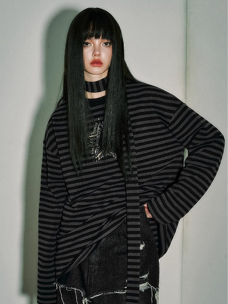 Black and Gray Striped Punk Pins Star Loose Long Sleeves Top