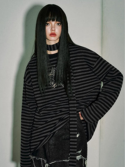 Black and Gray Striped Punk Pins Star Loose Long Sleeves Top